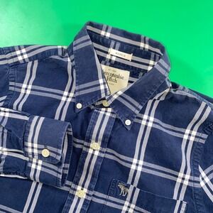 Abercrombie Fitch Mens Navy White Plaid Muscle Fit L Sleeve Button Down Shirt‎ L